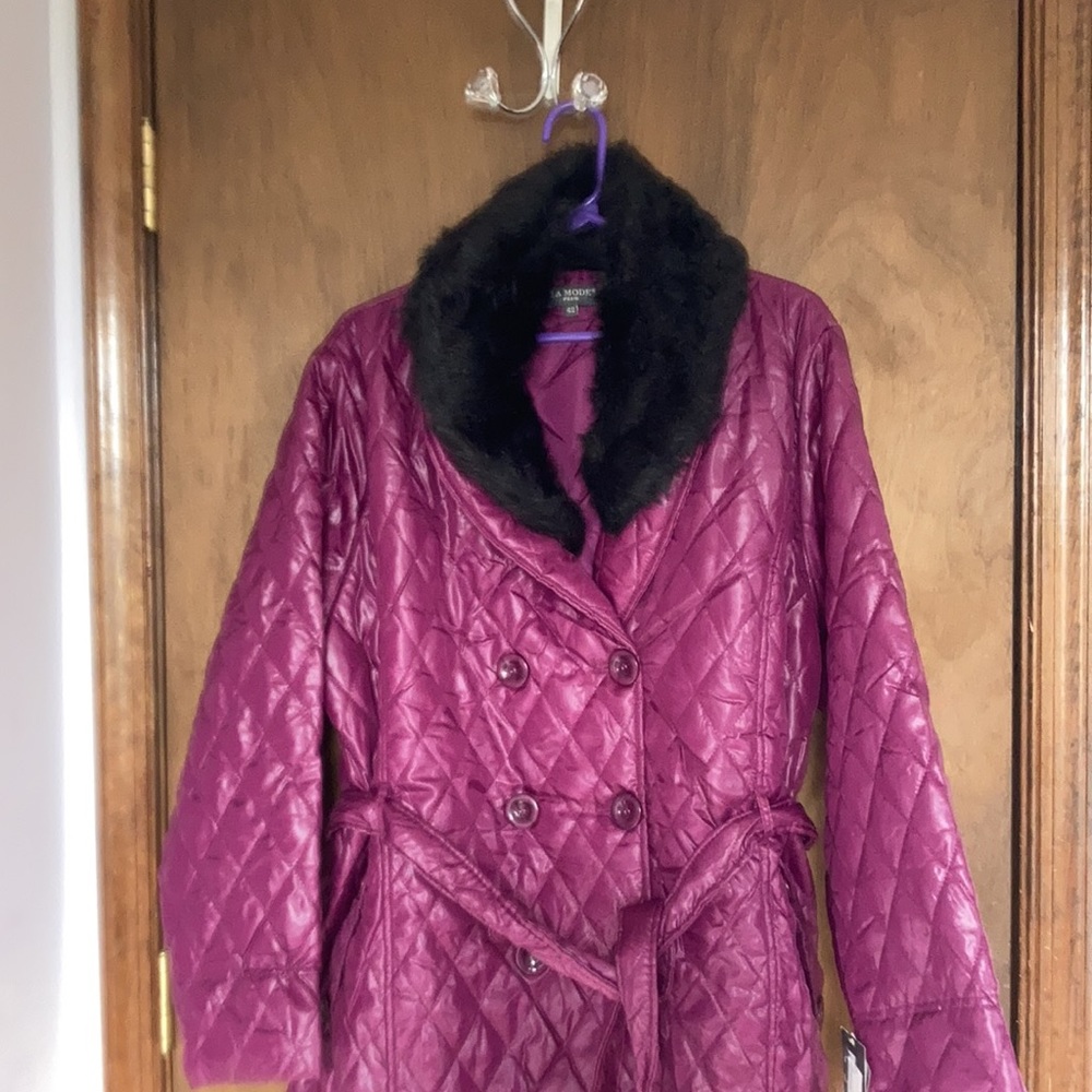 Last Chance❌ La mode plus detachable faux fur collar quilted coat w belt size 42 - Picture 6 of 16